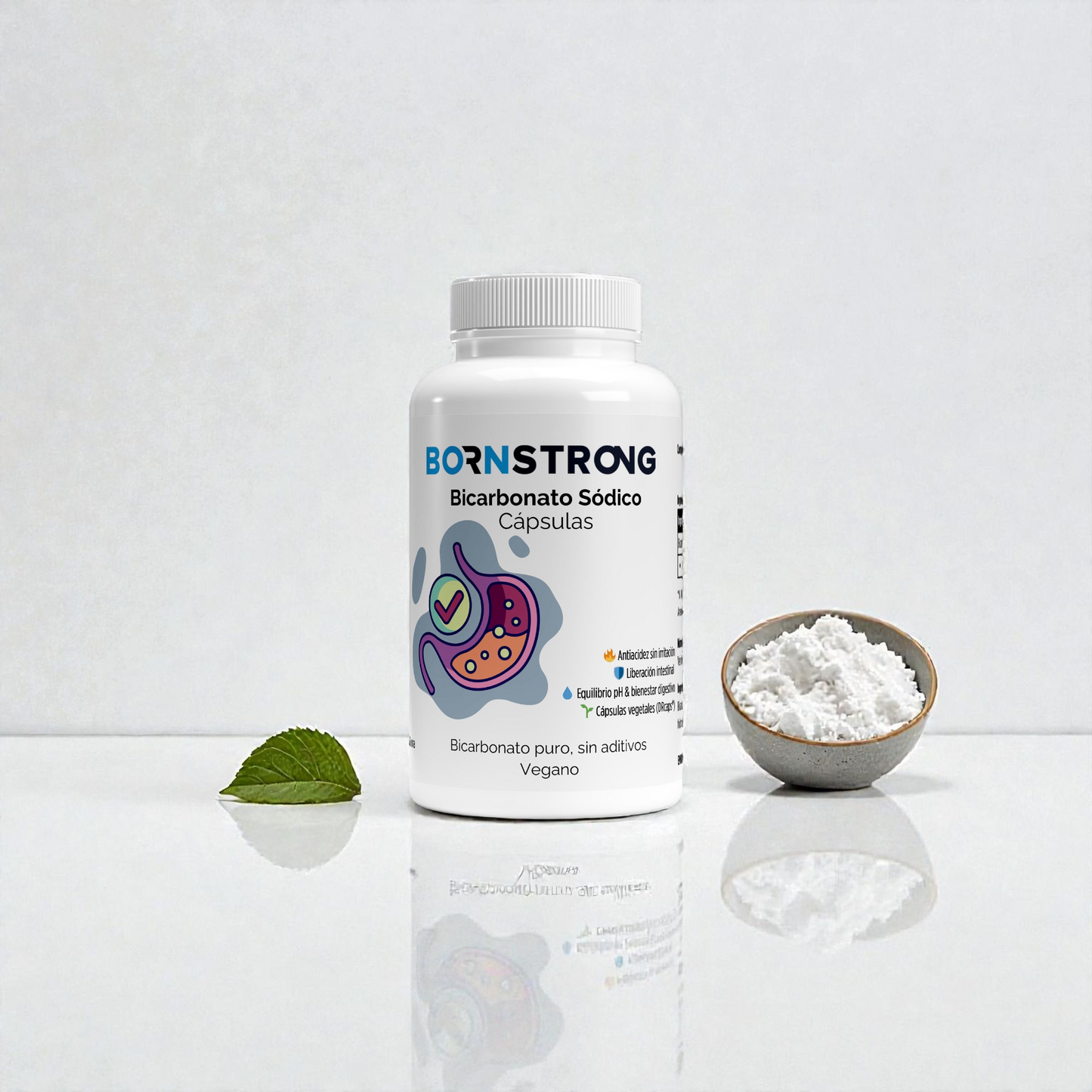 Bicarbonato de sodio Bornstrong Fitness para control de digestión y neutralización de acidez, en envase con etiqueta blanca y azul