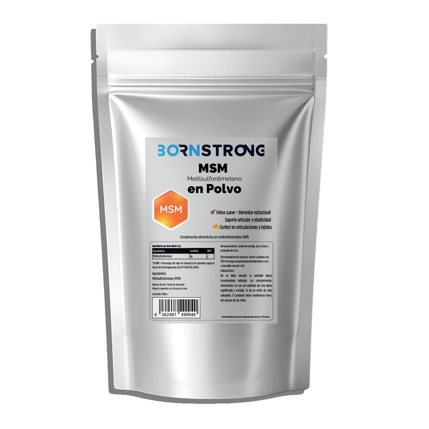 Polvo de MSM de BORNSTRONG FITNESS, suplemento para movilidad, detox celular y salud de articulaciones, en envase con cucharador