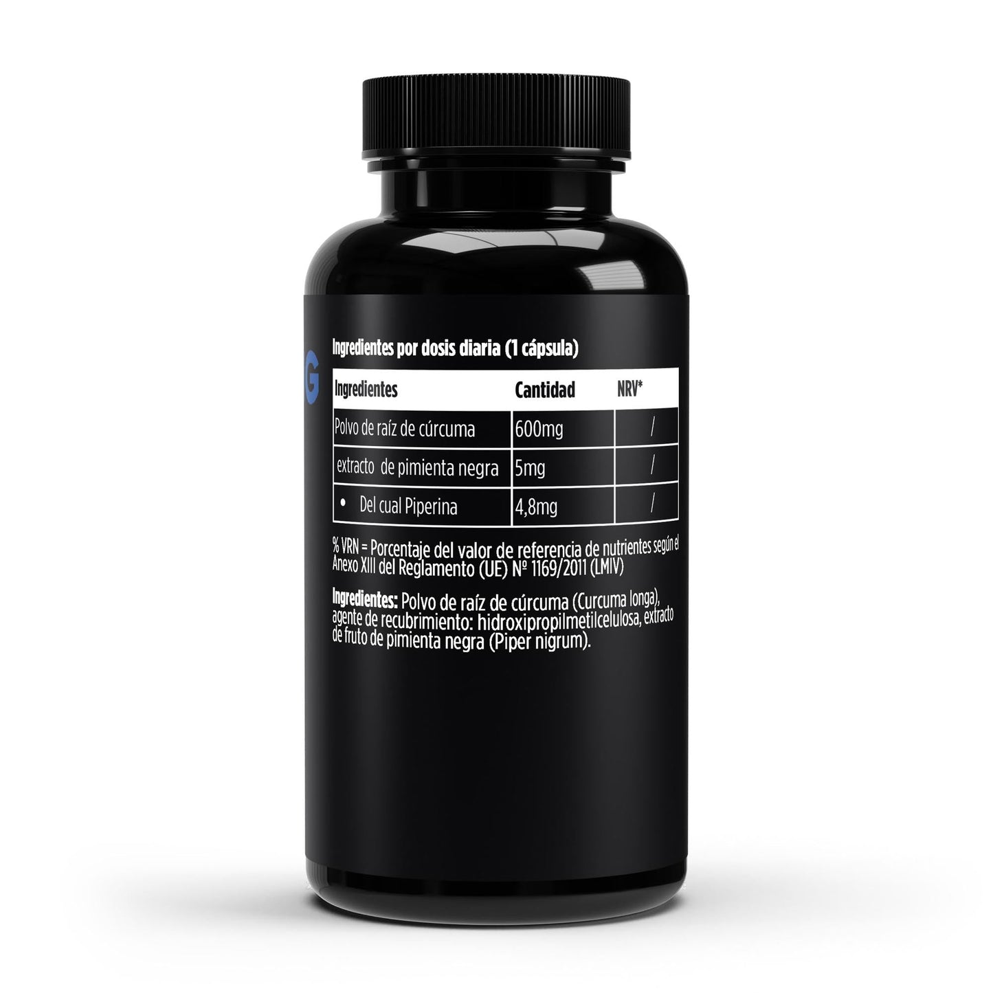 Suplemento de cúrcuma con piperina de BORNSTRONG FITNESS, jarra con cápsulas para inflamación, digestión y defensa natural.