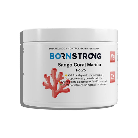 Polvo de coral marino Sango de BORNSTRONG FITNESS, suplemento natural de calcio y magnesio para la salud ósea.