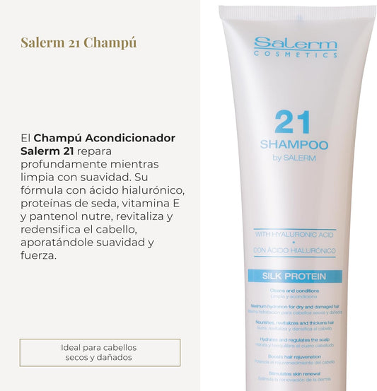 SALERM - Champú Hidratante - Salerm 21 Silk Protein - 300 ml - para Pelo Seco y Dañado - con Proteínas de Seda - Nutre, Repara y Revitaliza el Cabello - Protección Térmica