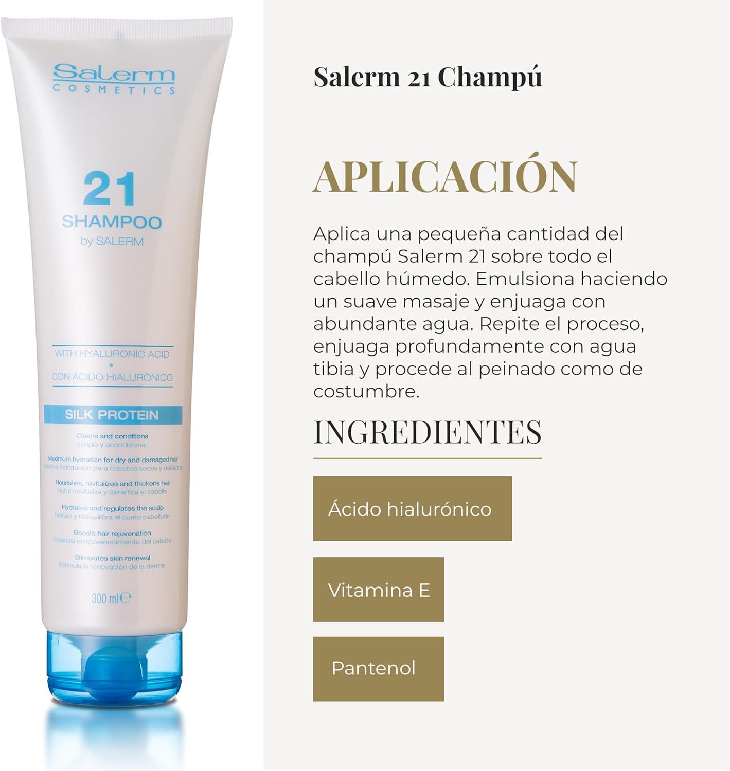 SALERM - Champú Hidratante - Salerm 21 Silk Protein - 300 ml - para Pelo Seco y Dañado - con Proteínas de Seda - Nutre, Repara y Revitaliza el Cabello - Protección Térmica