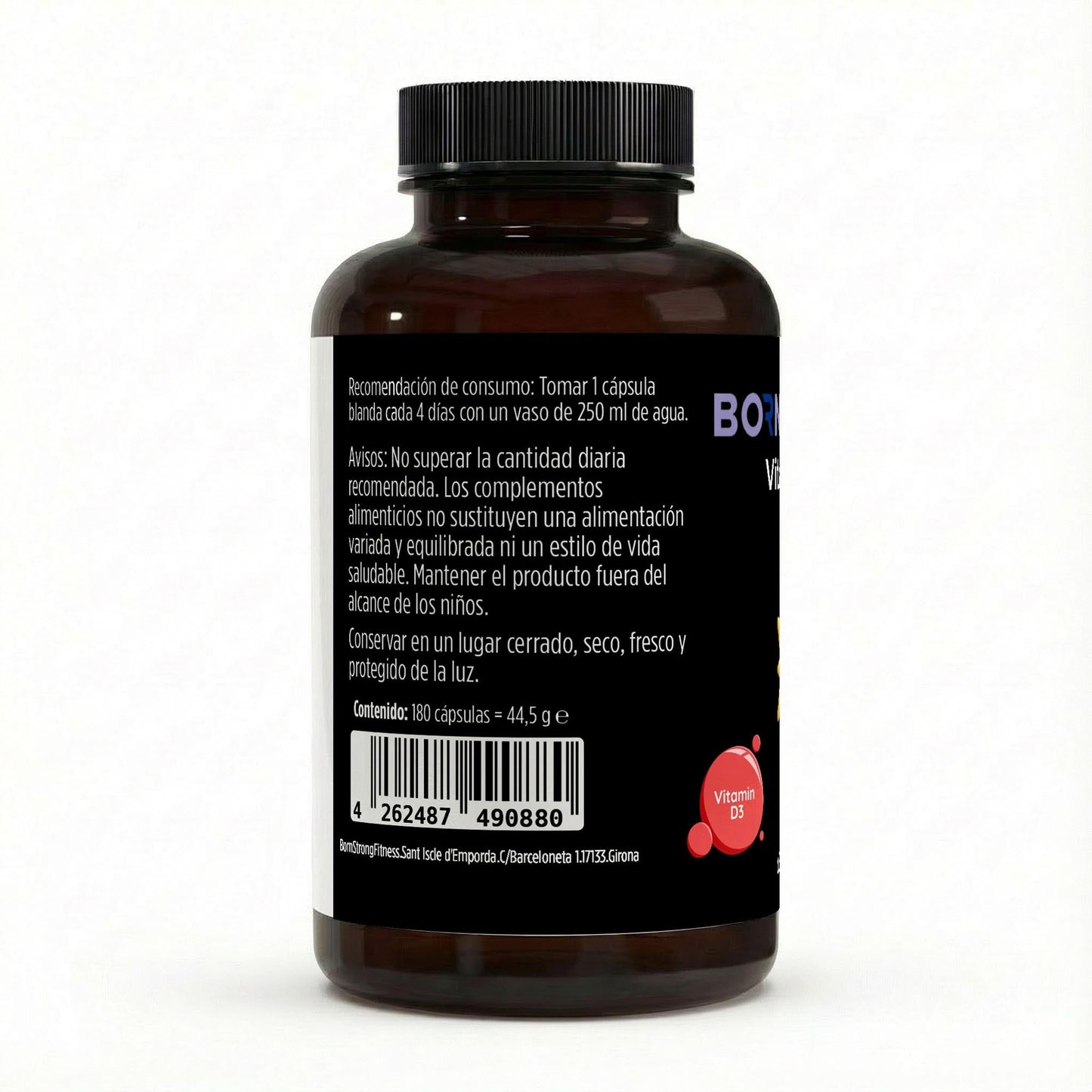 Suplemento de vitamina D3 4,000 IU en cápsulas blandas de BORNSTRONG FITNESS, 180 softgels en un frasco.