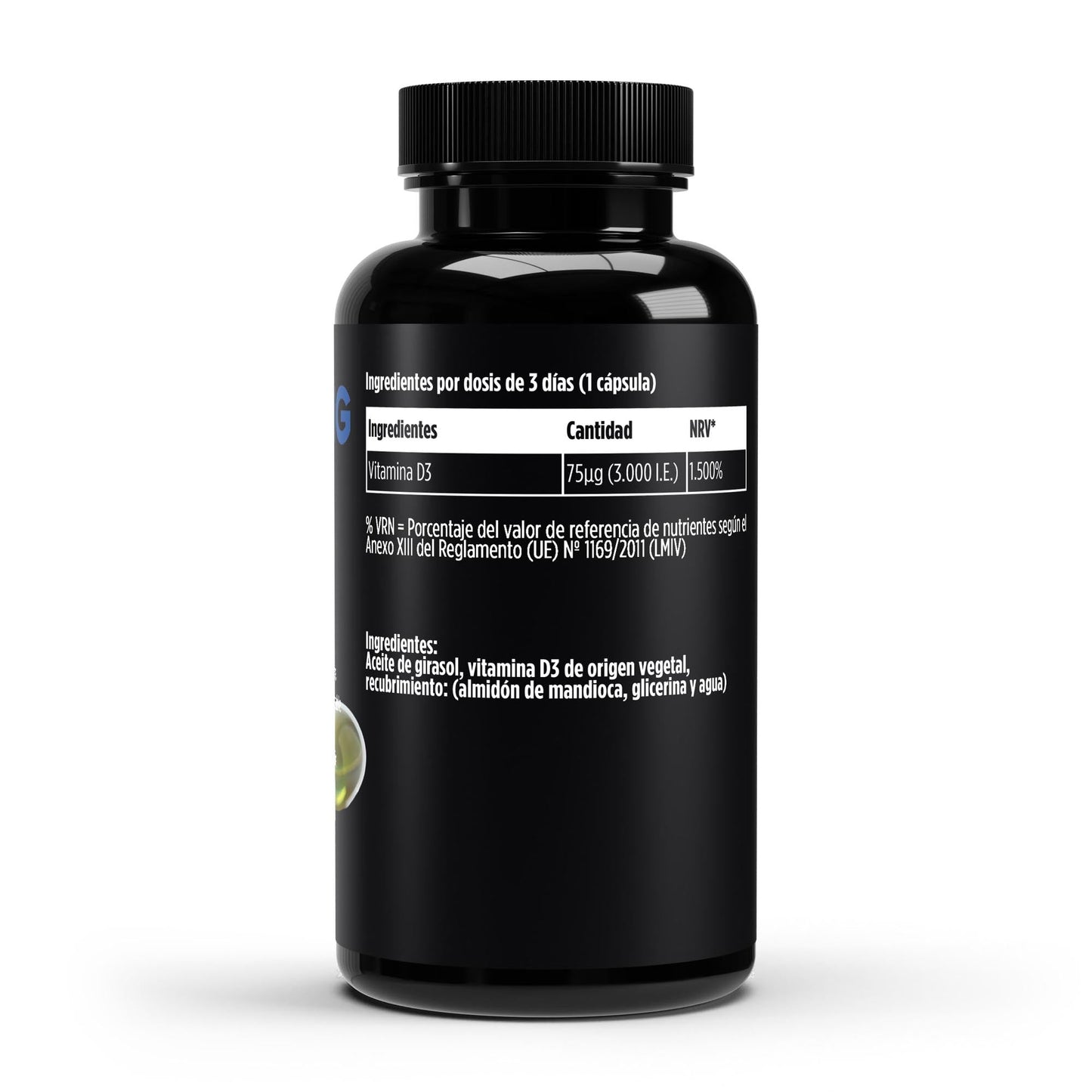 Vitamina D3 de BORNSTRONG FITNESS, suplemento para inmunidad, huesos fuertes y energía metabólica en envase con cápsulas.