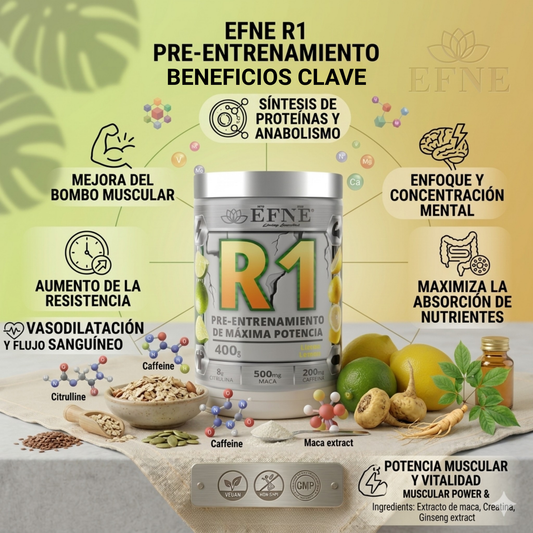 Suplemento EFNE R1 EFNE preentrenamiento con cafeína y potenciadores, sabor limón, en sachet con polvo amarillo y etiquetas.