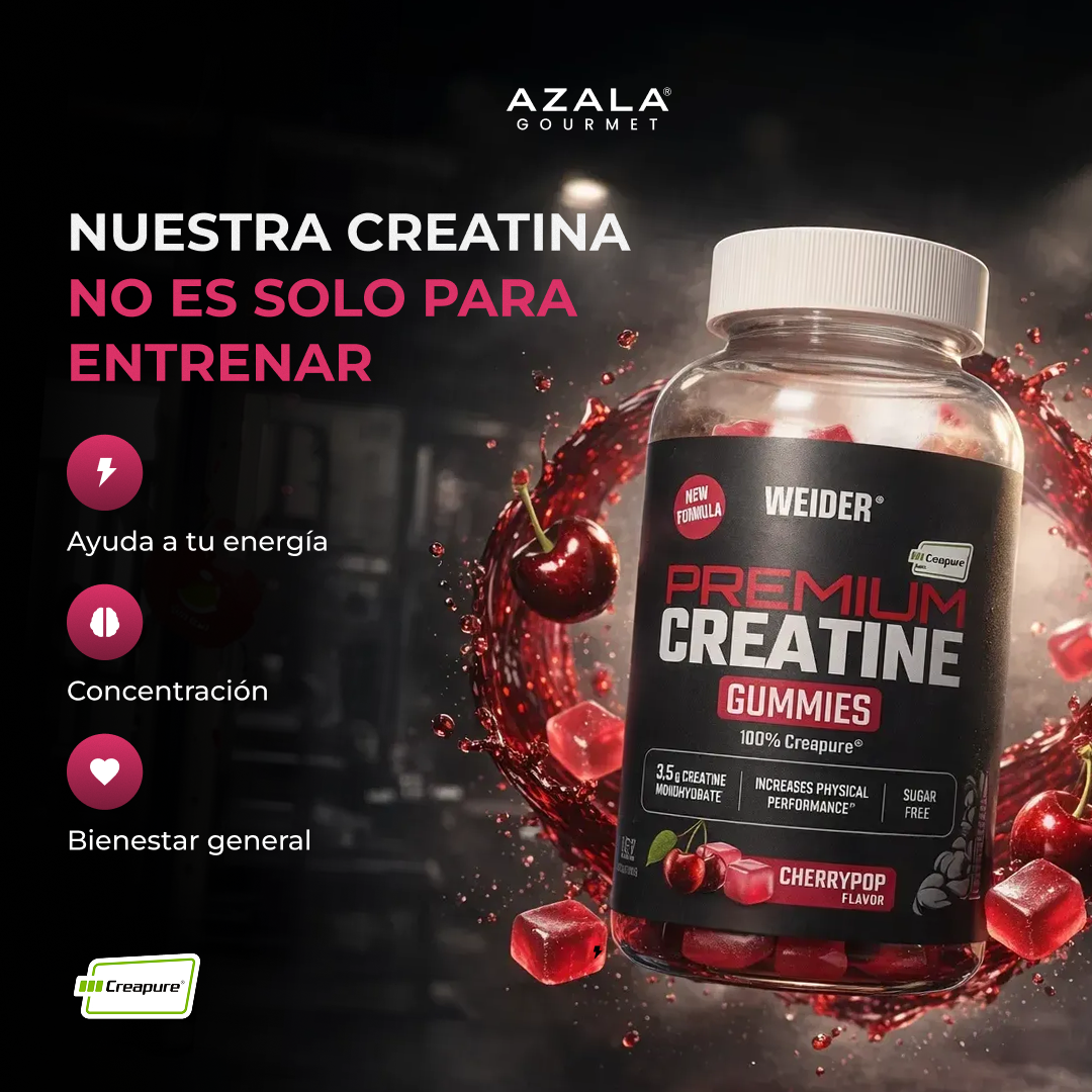 Gomitas de creatina premium AZALA GOURMET, 162 unidades, en envase con gomitas de color rojo y blanco sin envase visible