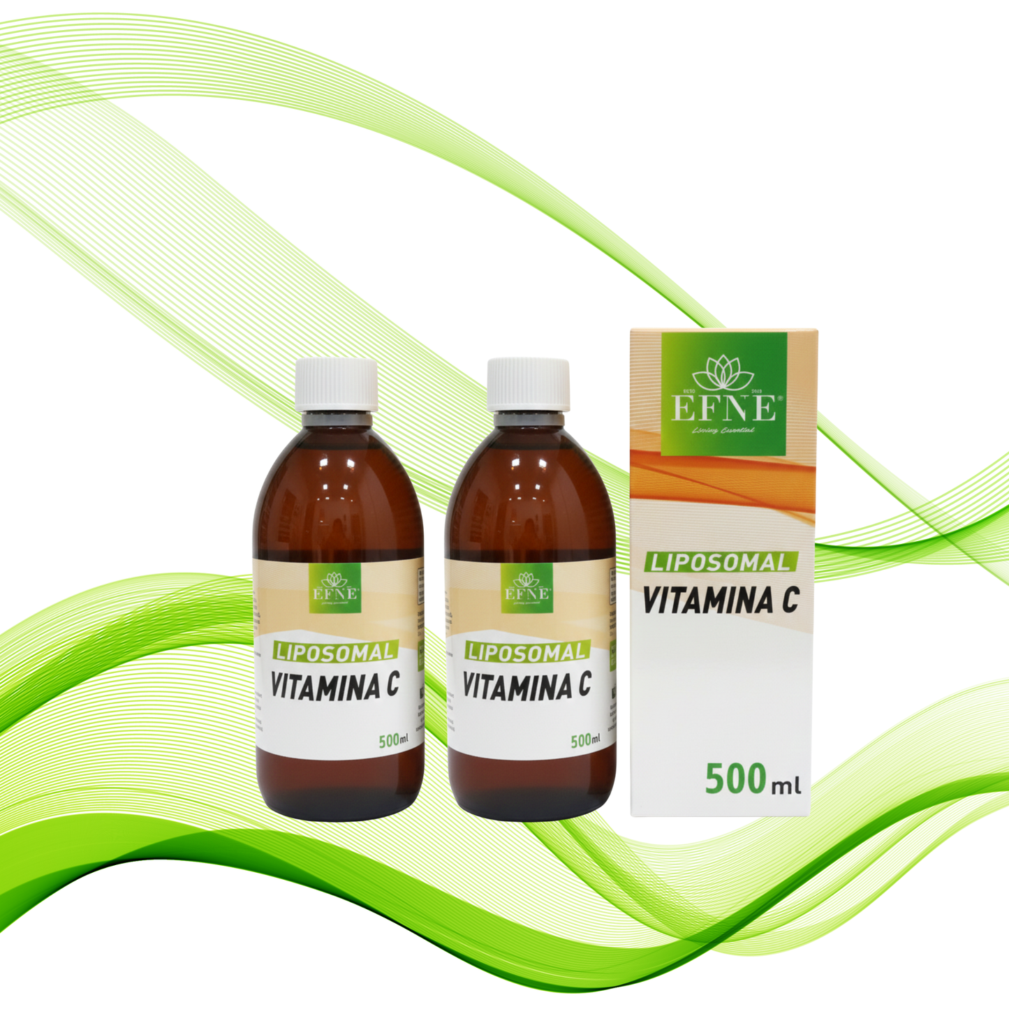 Botellas del Pack de 2 Vitamina C Liposomal EFNE de 500 ml y 1050 mg, con etiquetas visibles y envases transparentes