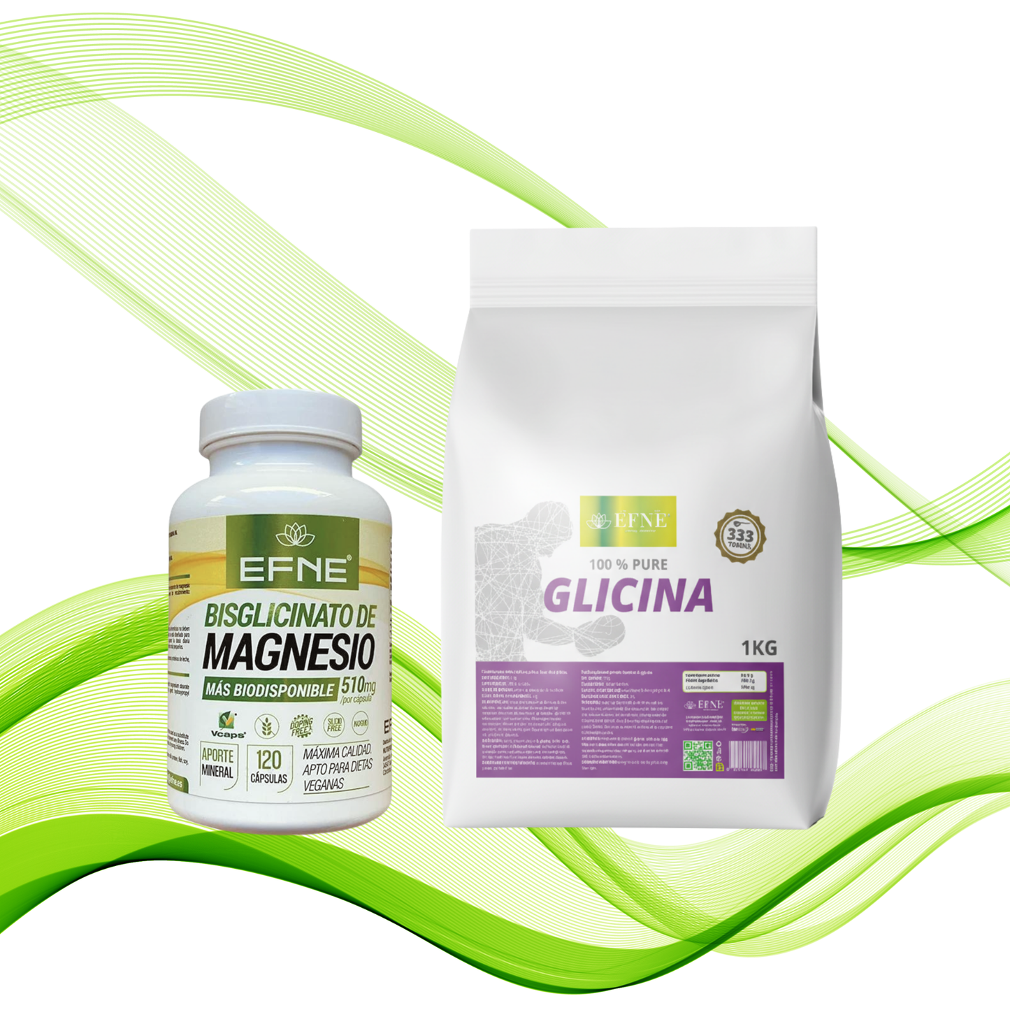 Paquete de recuperación profunda EFNE con magnesio y glicina, incluyendo envases y suplementos para la relajación y descanso.