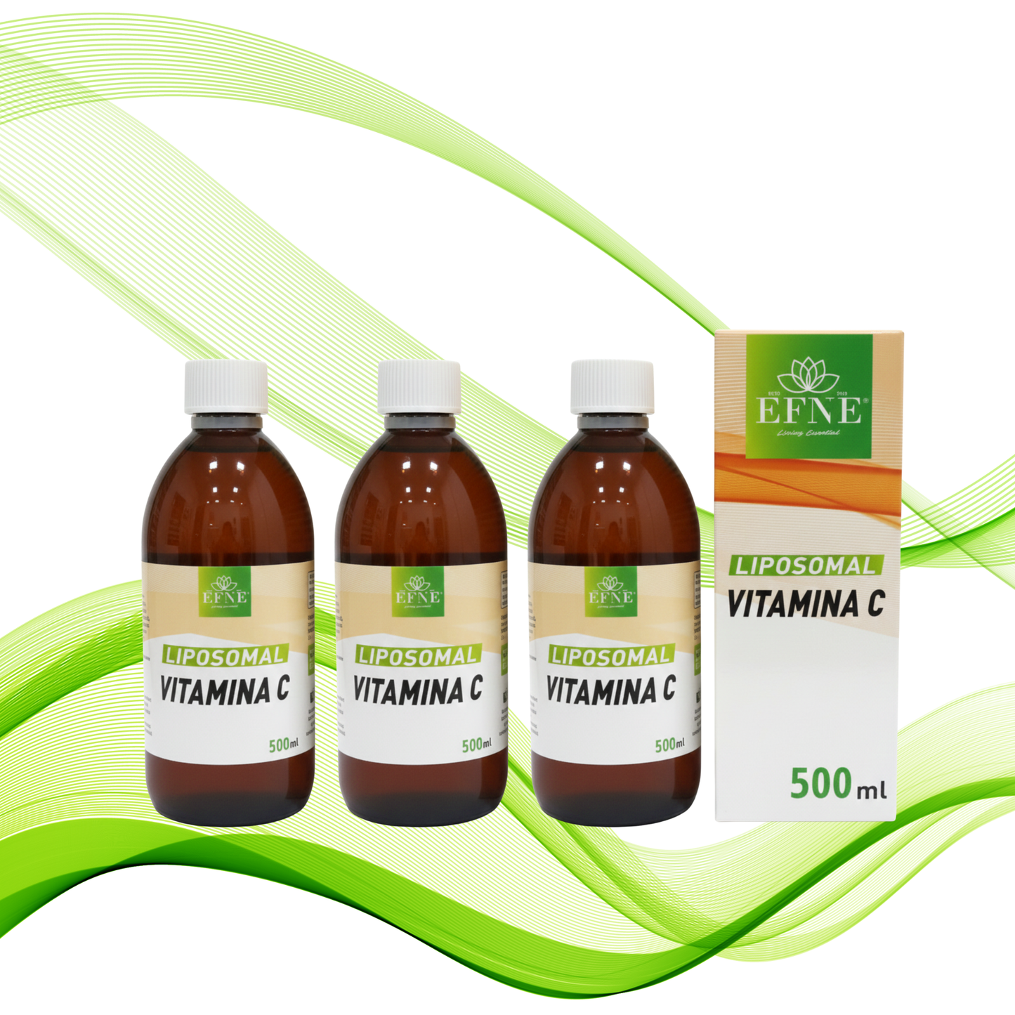 Tres frascos de 500 ml de vitamina C liposomal EFNE, con 1050 mg, en envases con etiquetas y tapones en la imagen.