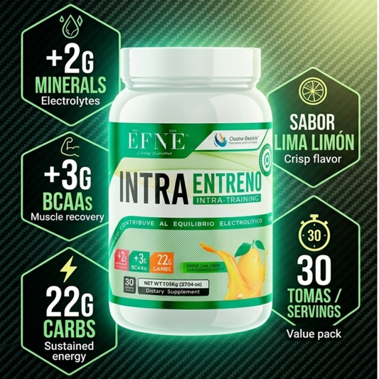 Suplemento EFNE Intra Entreno sabor lima limón en envase de 1.05kg, polvo para consumo durante el entrenamiento.