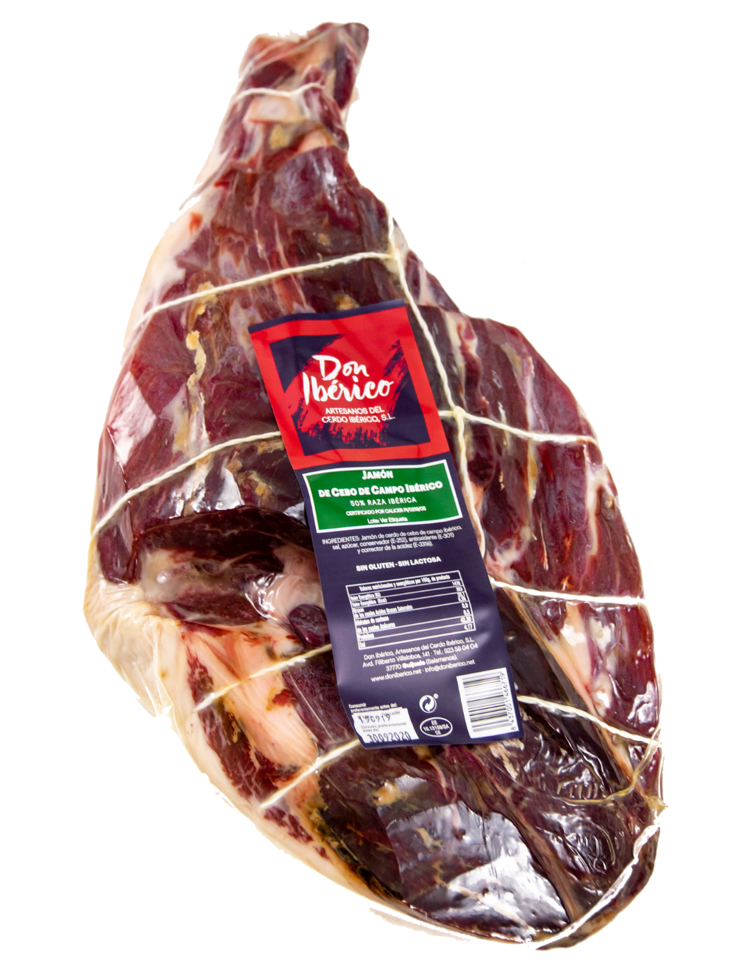 Jamón de Cebo de Campo Ibérico MONJAMON Y MAS, en corte en rebanadas finas, muestra la textura y color del jamón ibérico.