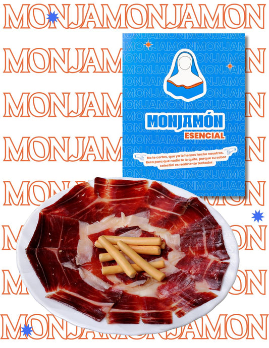 Jamón Gran Reserva de más de 36 meses de la marca MONJAMON Y MAS, cortado en lonchas finas sobre fondo neutro.