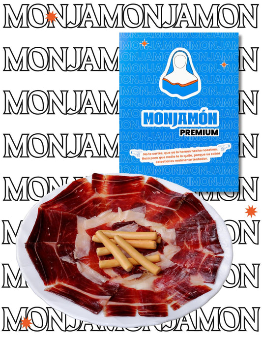 Jamon Monjamón Pasión +50 meses en corte grueso, con textura y color rosado, presentado en plato.