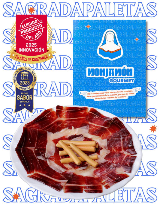 Jamón ibérico de bellota 100% con más de 30 meses de curación, presentado en una elegante paleta de MONJAMON Y MÁS.