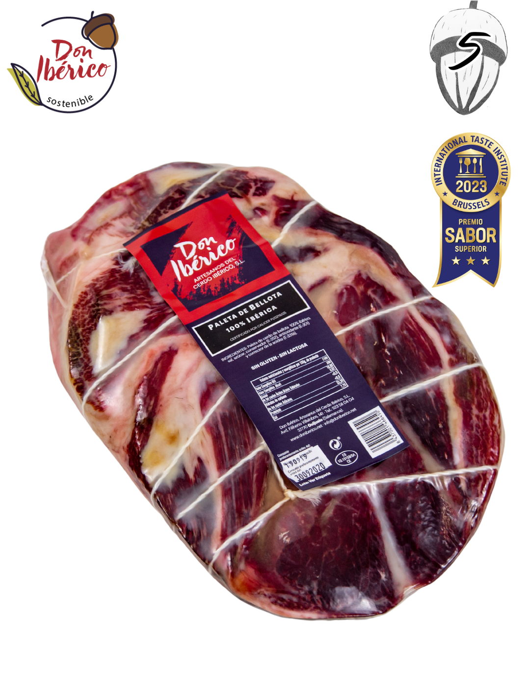 Jamón de bellota 100% ibérico montanera de la marca MONJAMON Y MAS, en lonchas finas en una tabla.