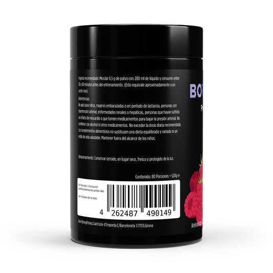 Suplemento pre-entrenamiento BORNSTRONG FITNESS en polvo sabor frambuesa, 520g, con polvo y envase visible en la imagen.