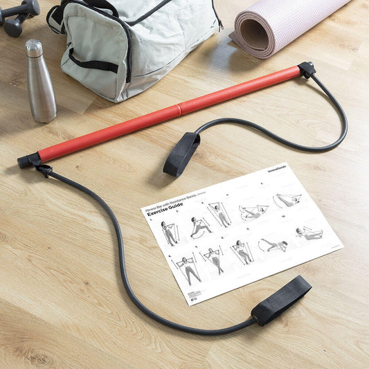 Barra de fitness con bandas elásticas y guía de ejercicios Resibar de innovagizmo, mostrando la barra y las bandas en uso.