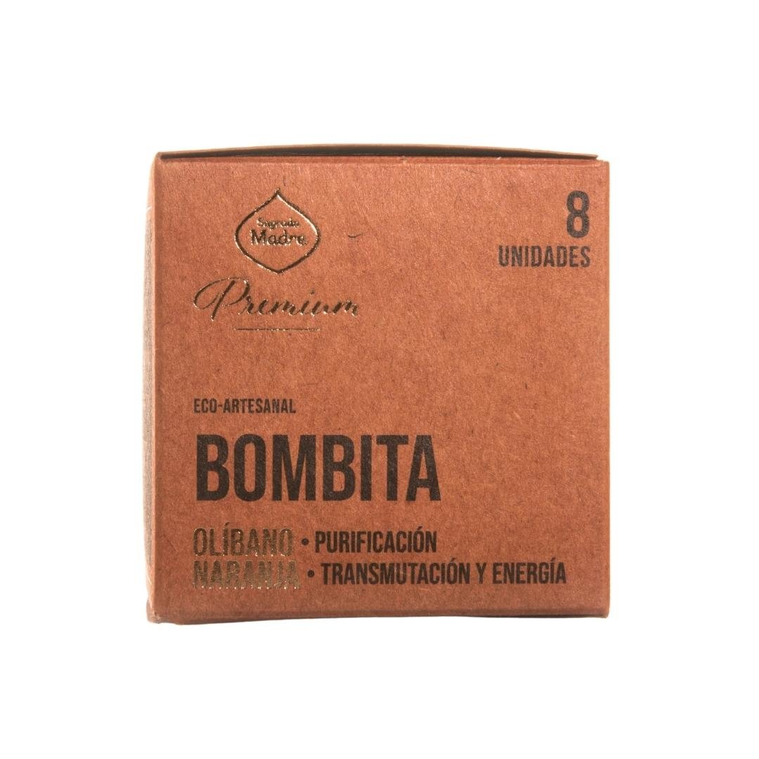 Bombita premium de olíbano y naranja de Mystical Tienda, con fragancia aromática en una imagen que muestra la bombita encendida.