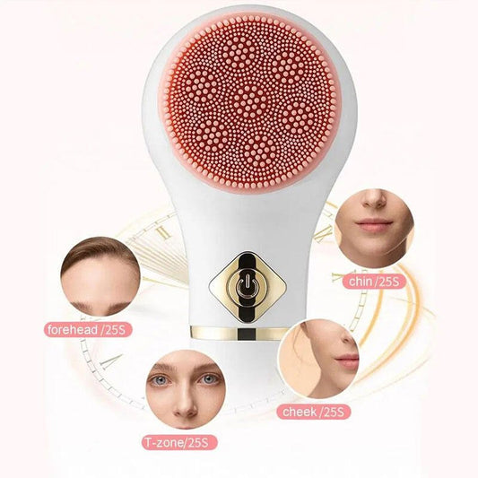 Cepillo de limpieza facial eléctrico de innovagizmo.com muestra cerdas suaves y diseño ergonómico para una limpieza profunda de la piel.