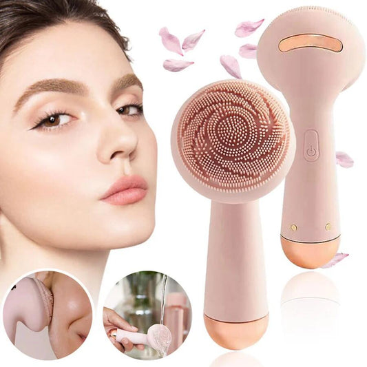Cepillo facial eléctrico rosa recargable con cerdas suaves, ideal para limpiar y exfoliar la piel del rostro.
