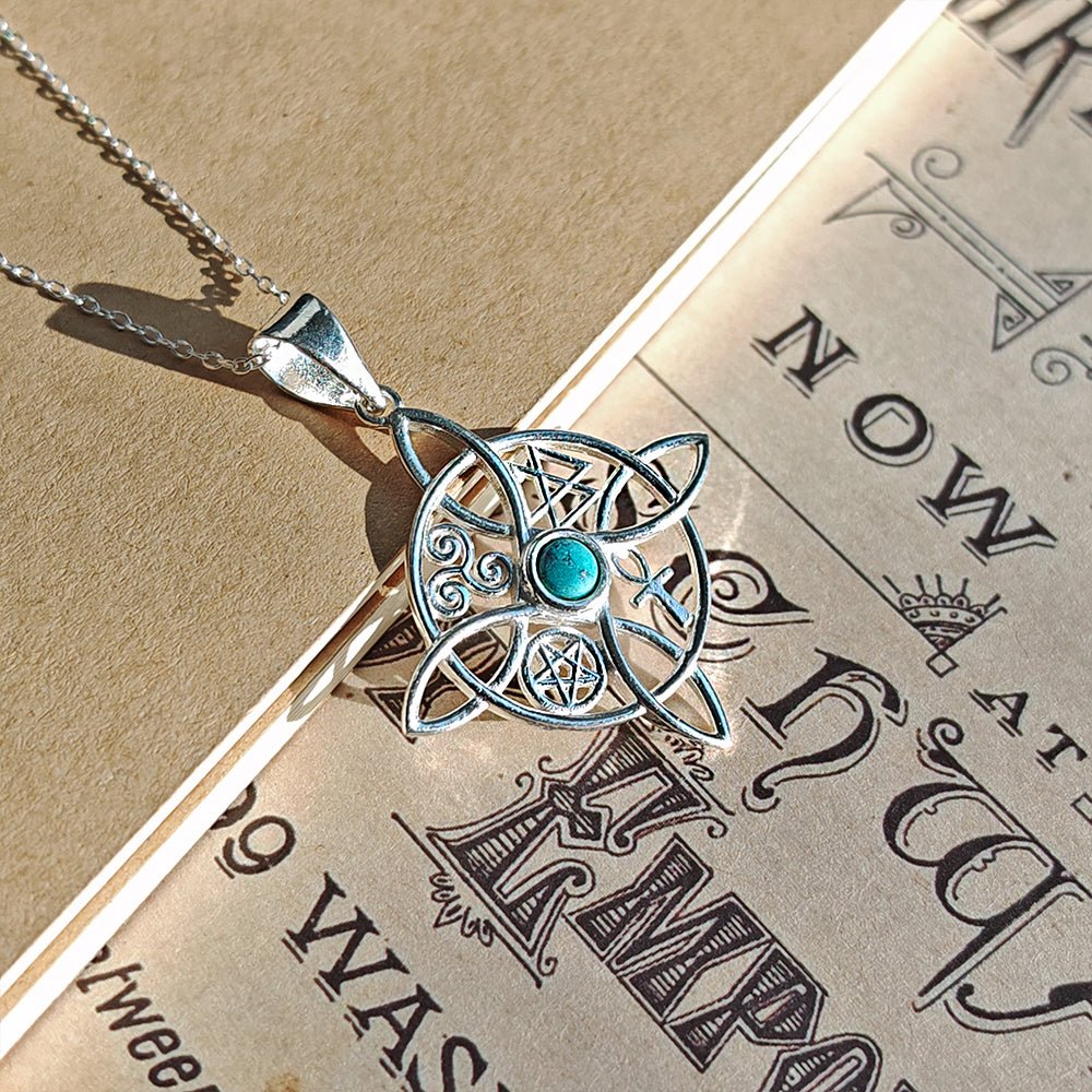 Colgante de plata de ley 925 con Nudo de Bruja, Howlita y símbolos sagrados, diseño espiritual y misterioso.