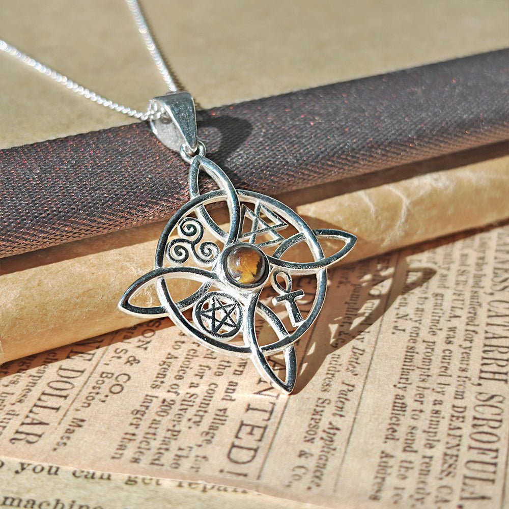 Colgante Nudo de Bruja con Ojo de Tigre y Símbolos Sagrados - Plata de Ley 925
