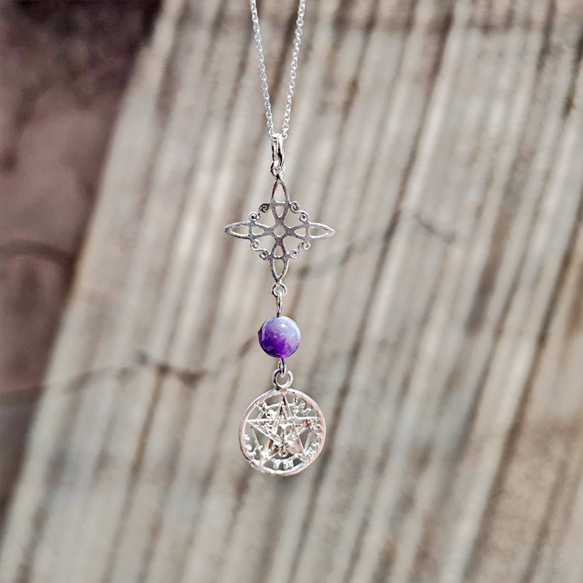 Colgante de plata Nudo de Bruja y Tetragramaton con bola de amatista, diseño elegante y místico en plata S925.