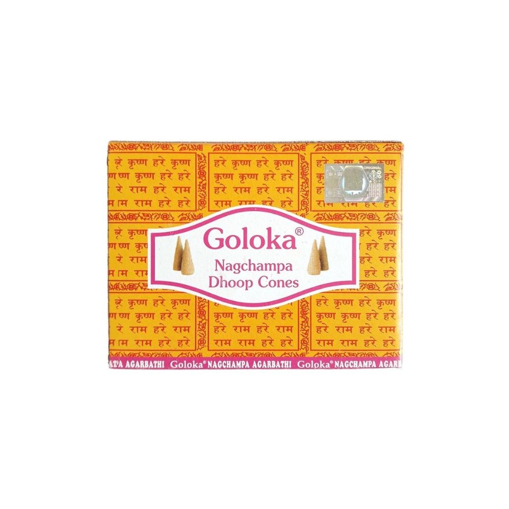 Conos de incienso Goloka Nag Champa en caja con 10 unidades, aroma floral y relajante para ambientar espacios.