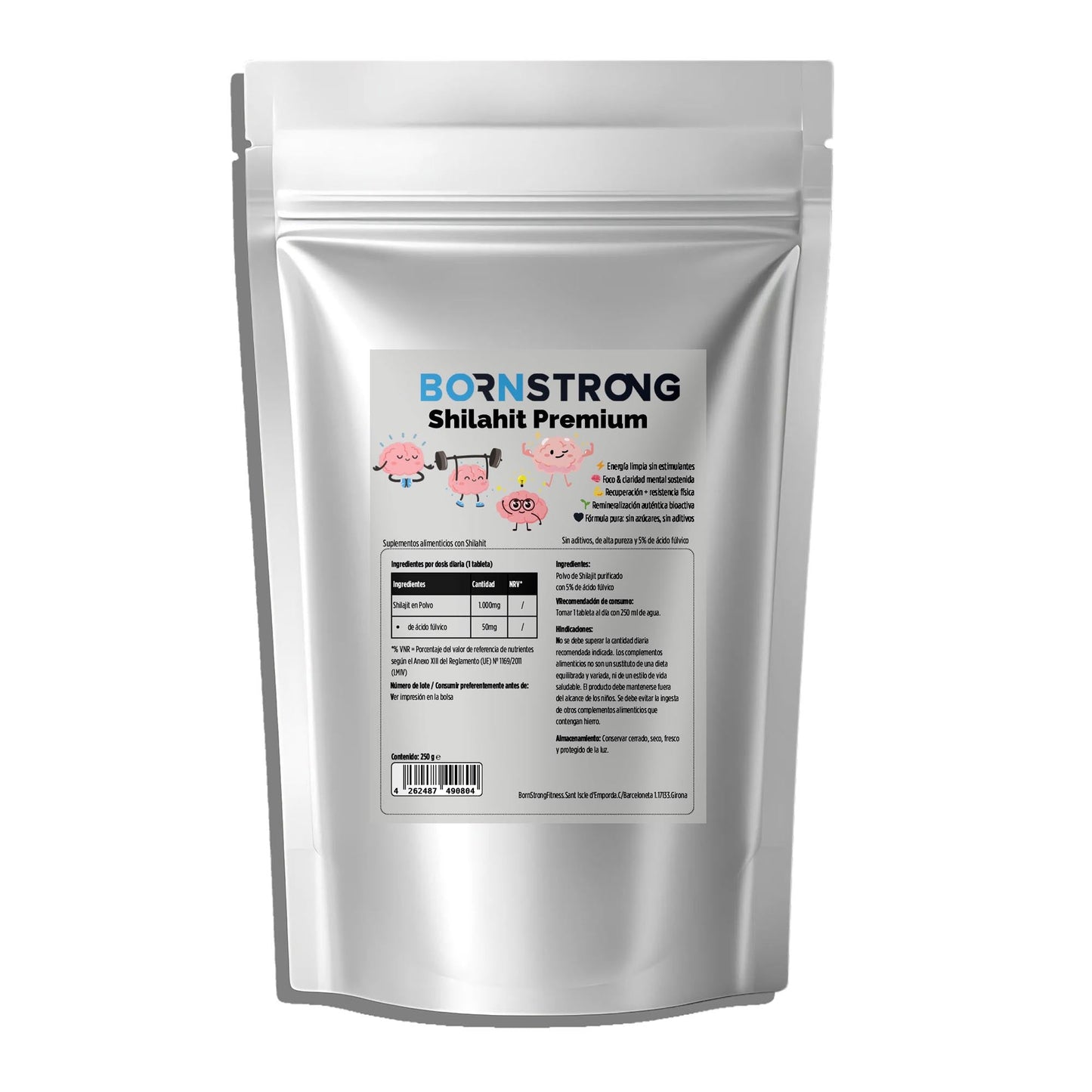 Polvo de Shilajit BORNSTRONG FITNESS con 5% ácido fúlvico, para energía profunda y mejora del rendimiento mental.