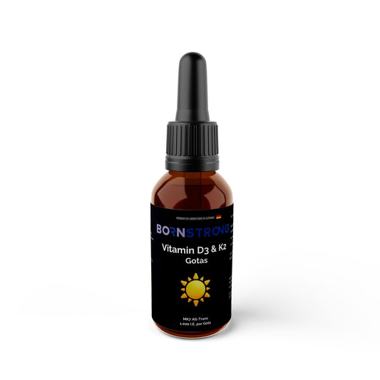 Suplemento de vitamina D3 y K2 de BORNSTRONG FITNESS, frascos con cápsulas para fortalecer huesos y mejorar inmunidad.
