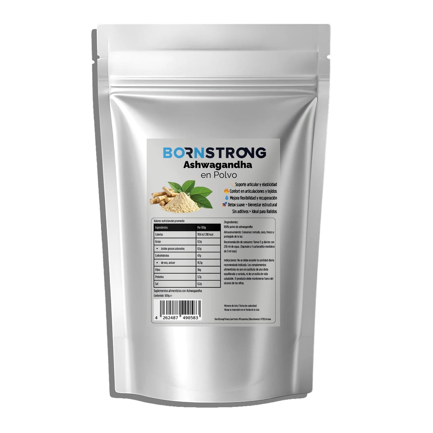 Polvo de ashwagandha de BORNSTRONG FITNESS para claridad mental y equilibrio hormonal, en envase con polvo marrón.
