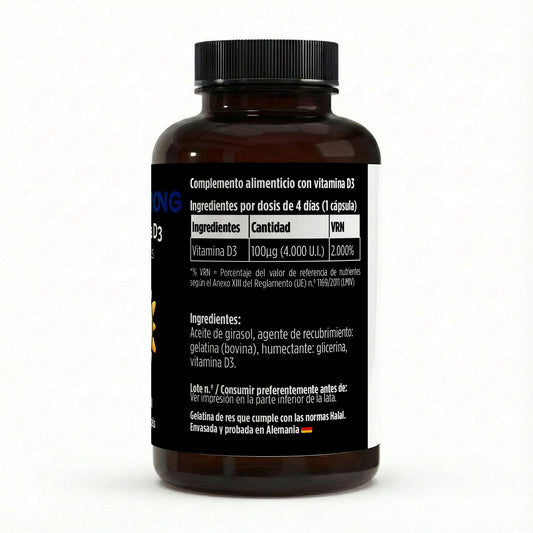 Suplemento de vitamina D3 4,000 IU en 180 softgels de BORNSTRONG FITNESS en envase con cápsulas suaves.