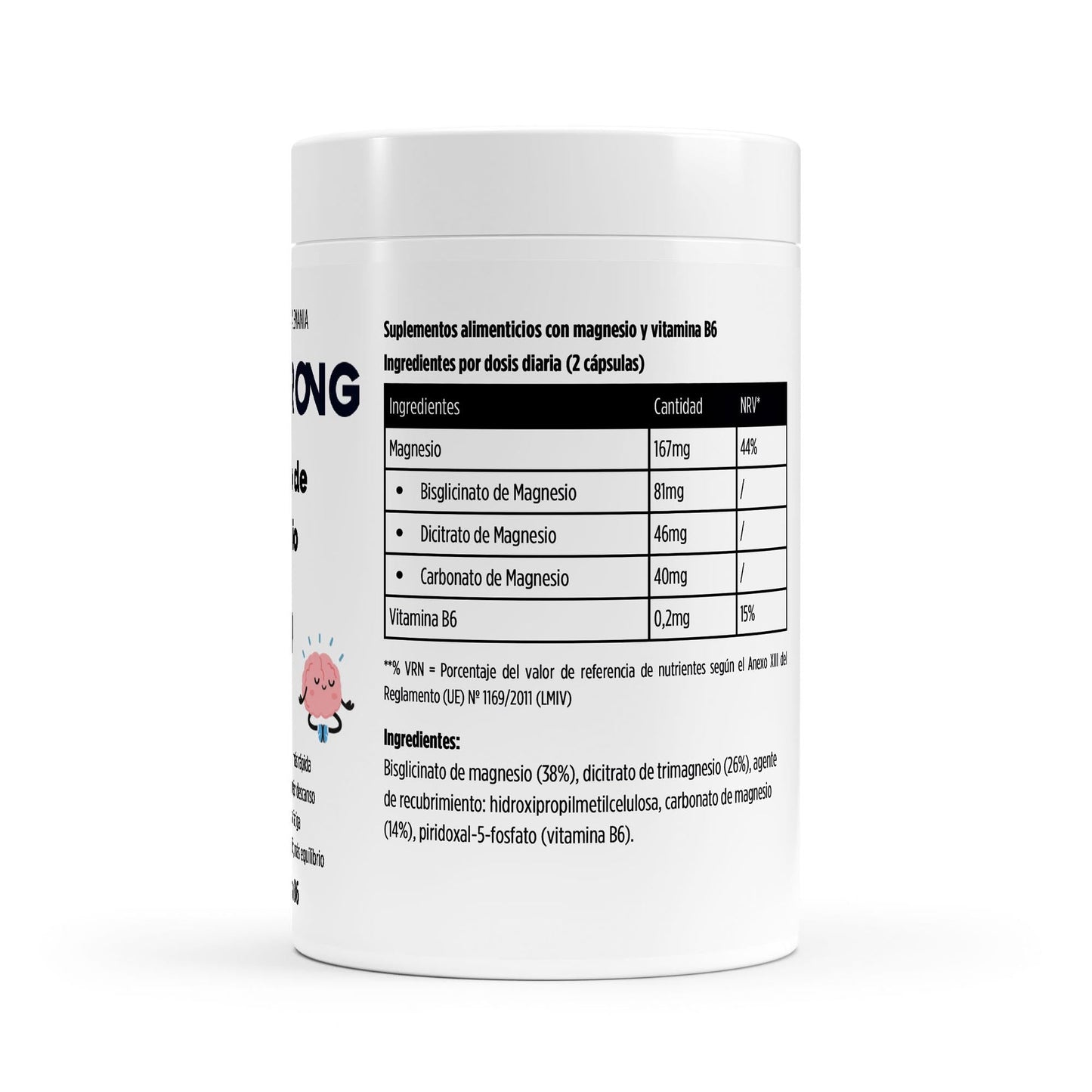Suplemento BORNSTRONG FITNESS Magnesium Complex + Vitamina B6 para recuperación y relajación muscular, en envase con cápsulas.