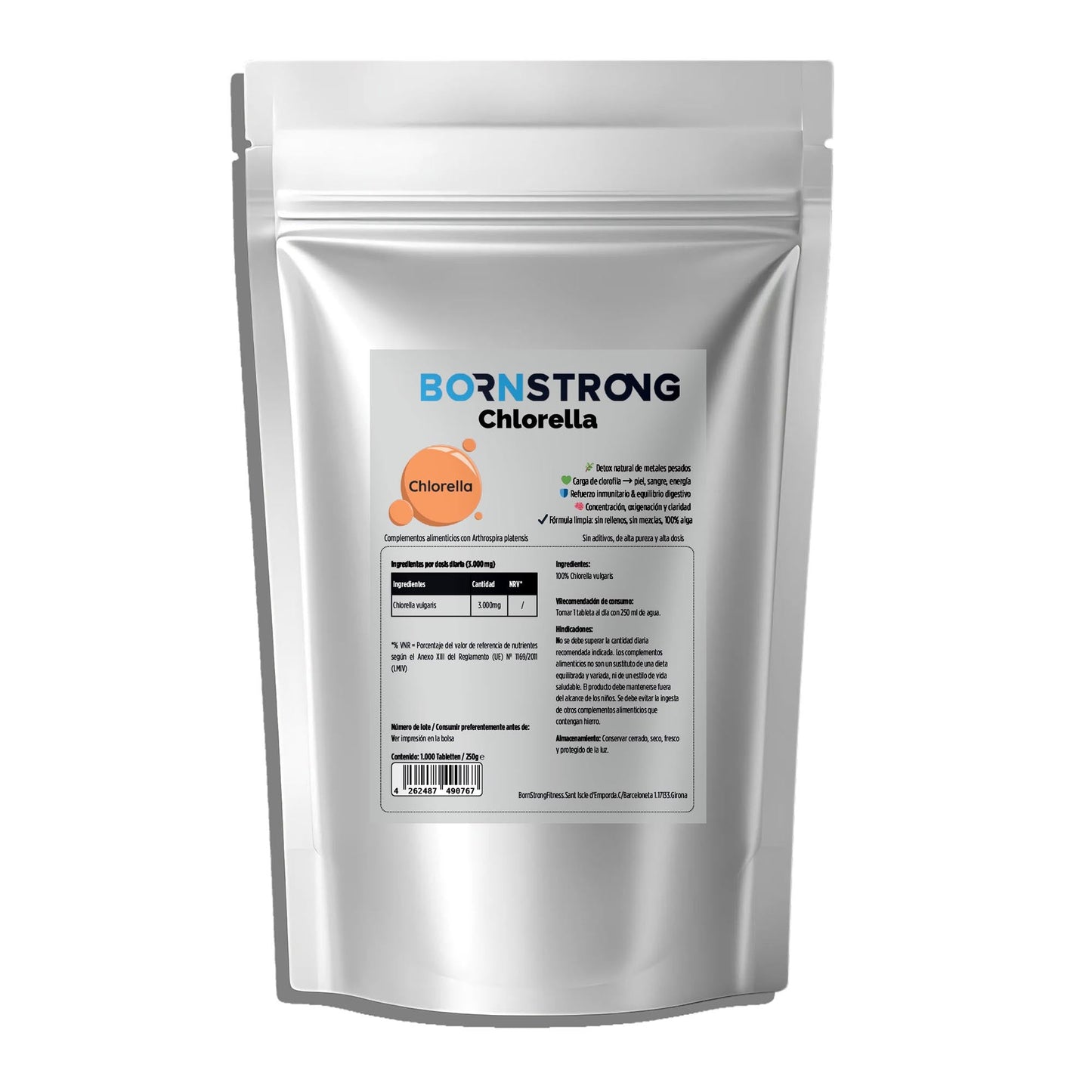 Suplemento de chlorella de BORNSTRONG FITNESS, con detox profundo, apoyo inmunológico y energía verde natural en cápsulas verdes.