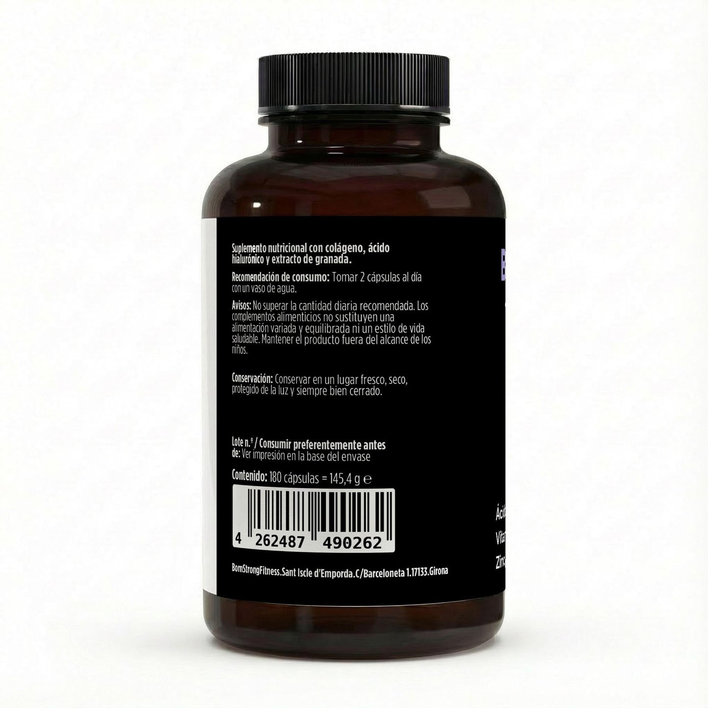 Cápsulas de colágeno hidrolizado premium PLUS de BORNSTRONG FITNESS, envase con 180 cápsulas en la imagen.