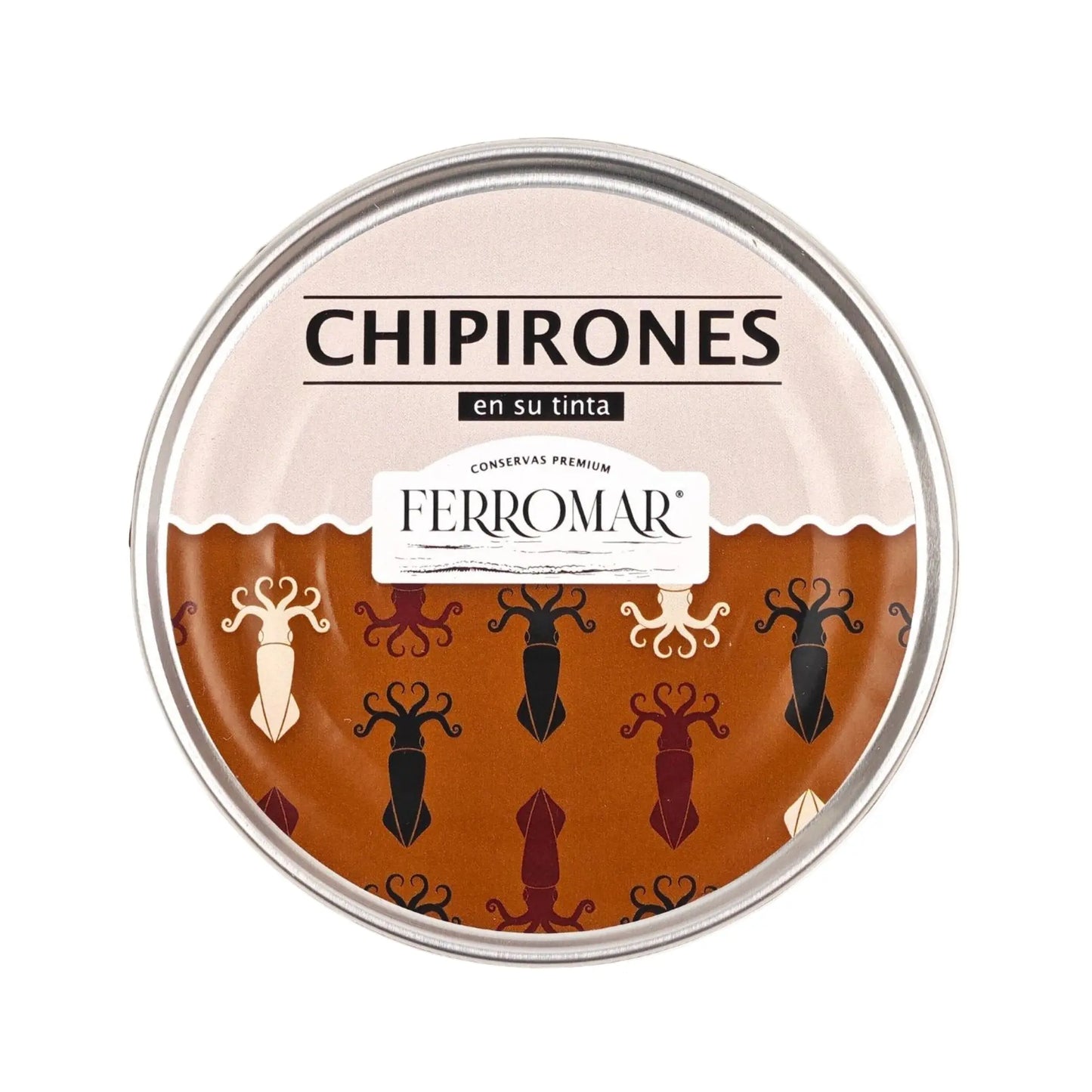 Chipirones en su tinta Conservas FerroMar enlatados, presentación en lata con chipirones pequeños en salsa de tinta negra.