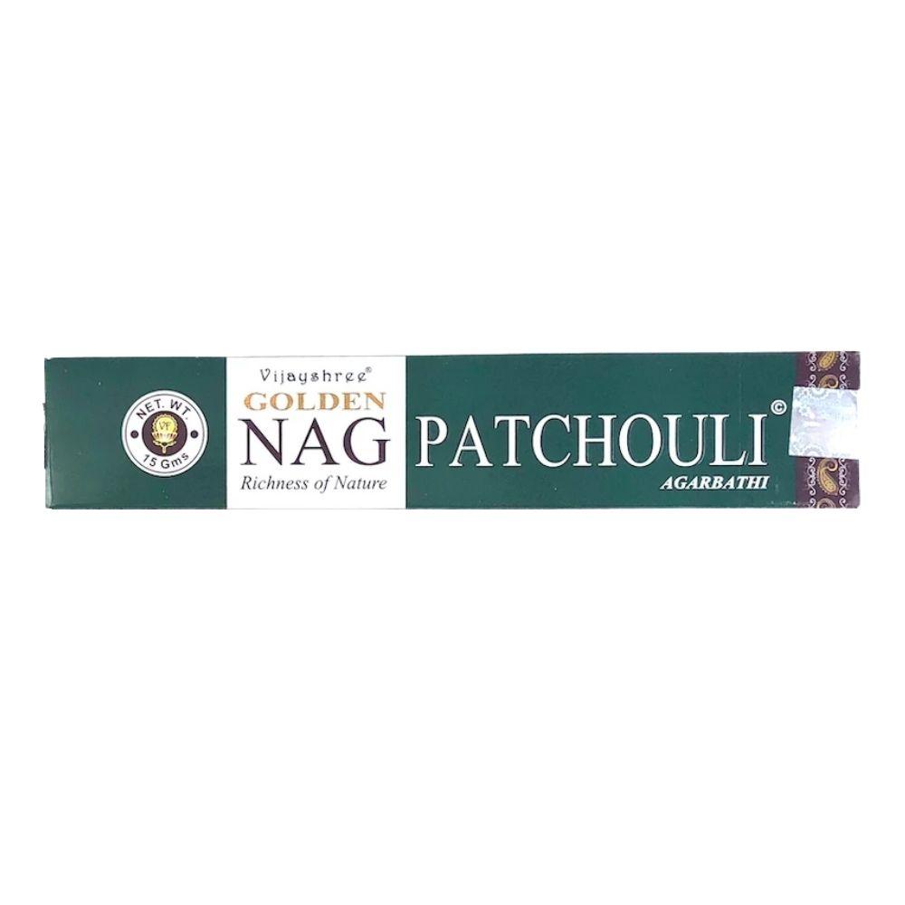 Incienso en varilla Golden Nag Patchouli de Mystical Tienda, aroma suave y aromático con notas de pachulí para ambientar el hogar.