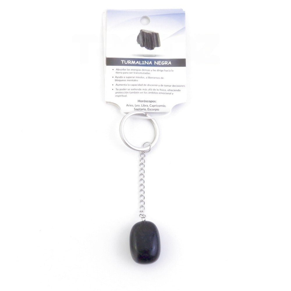 Llavero de rodado de turmalina negra para protección, con diseño elegante y detalles en el llavero de la marca Mystical Tienda.