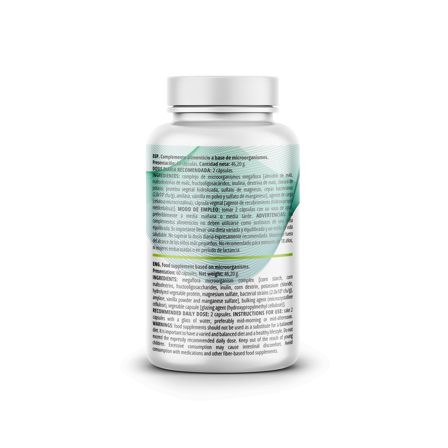 Probióticos EFNE Alta Potencia con 10 cepas clínicas, imagen del envase y ingredientes en fondo blanco.