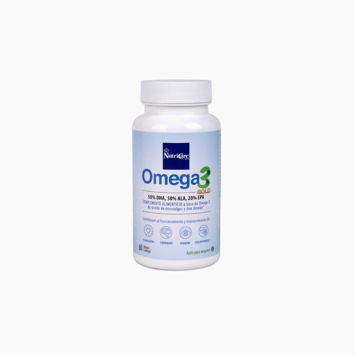 Suplemento Omega 3 Gold de NutriCare con cápsulas de aceite de pescado para la salud cardiovascular.