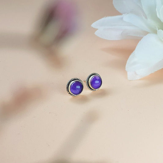 Pendientes Botón Amatista y Plata de Ley 925