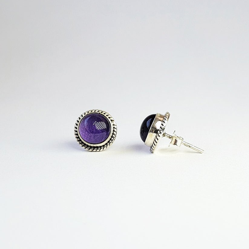 Pendientes Botón Amatista y Plata de Ley 925