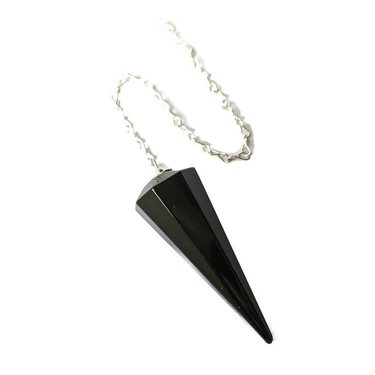 Péndulo de obsidiana facetado, péndulo de mineral negro con acabado brillante, utilizado para meditación y terapias espirituales.