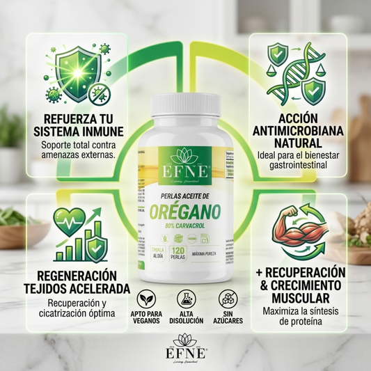 Perlas de aceite de orégano EFNE Premium con 80% de carvacrol, mostrando cápsulas de aceite de orégano en una imagen natural.