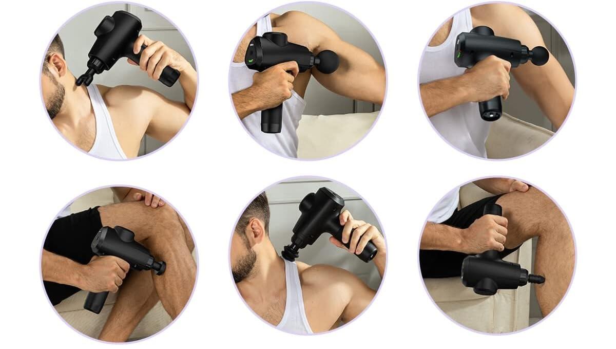 Pistola de masaje Innovagizmo en mano, con cabezales intercambiables y diseño ergonómico para aliviar tensión muscular.