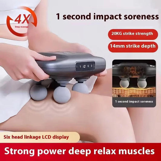 Pistola de masaje de 4 cabezas de innovagizmo.com, herramienta portátil para aliviar tensión muscular y relajar el cuerpo.