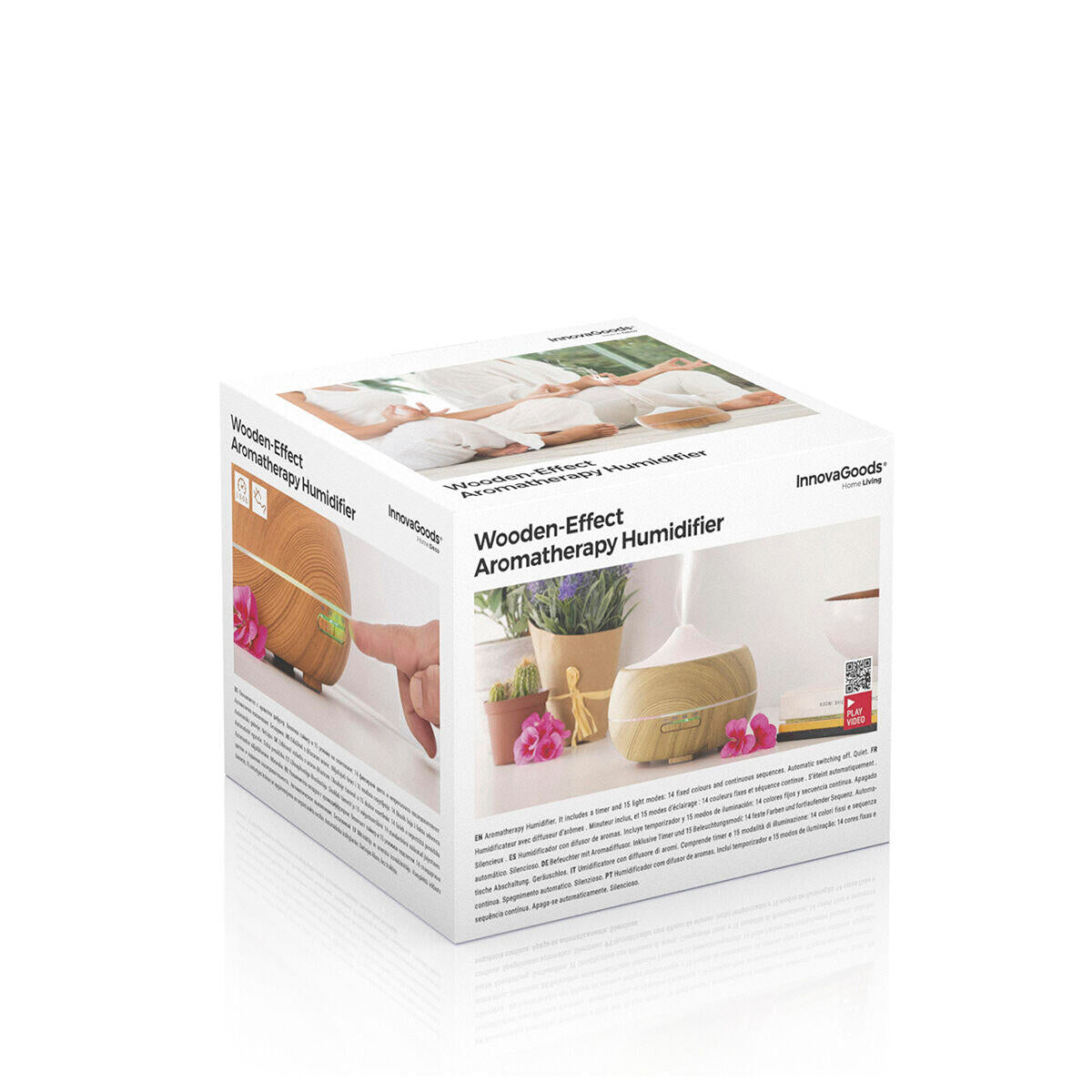 Humidificador difusor de aromas InnovaGoods con efecto madera, luz LED multicolor y diseño compacto para ambientes frescos y aromáticos.