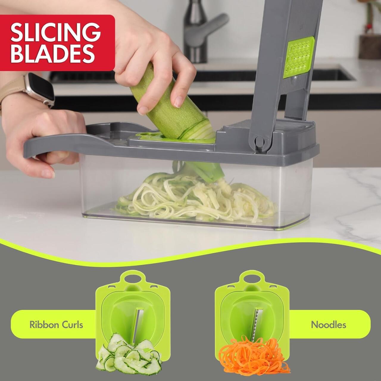 Cortador de verduras Dropea de Innovagizmo, mandolina profesional 14 en 1, con diferentes cuchillas para preparar alimentos.