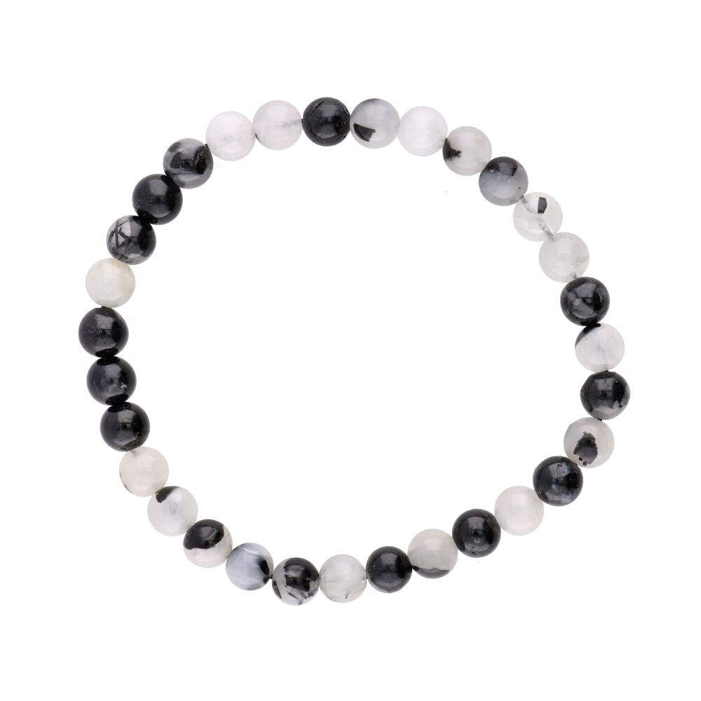 Pulsera de mineral de cuarzo turmalinado con bolas lisas, diseñada por Mystical Tienda, muestra las piedras en la imagen.