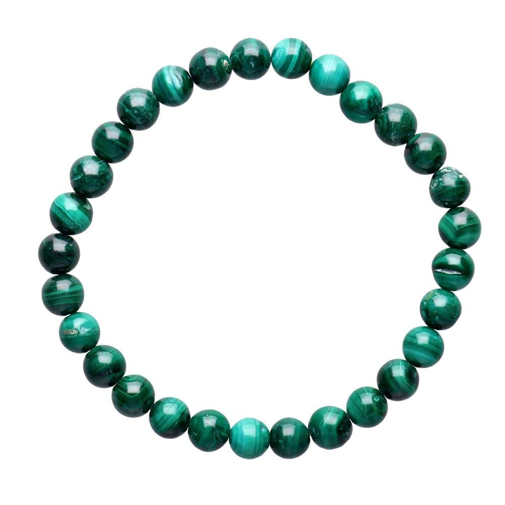 Pulsera de malaquita con bolas lisas, mineral natural de color verde intenso, diseñada por Mystical Tienda.